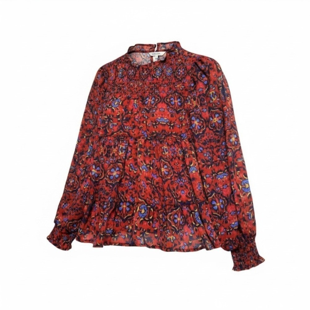 Greige Peasant Blouse Womens M Rust Red Blue Floral Paisley Smocked Tiered Boho